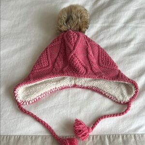 Hanna Andersson Pink and Brown Knit Hat with Pom-Pom